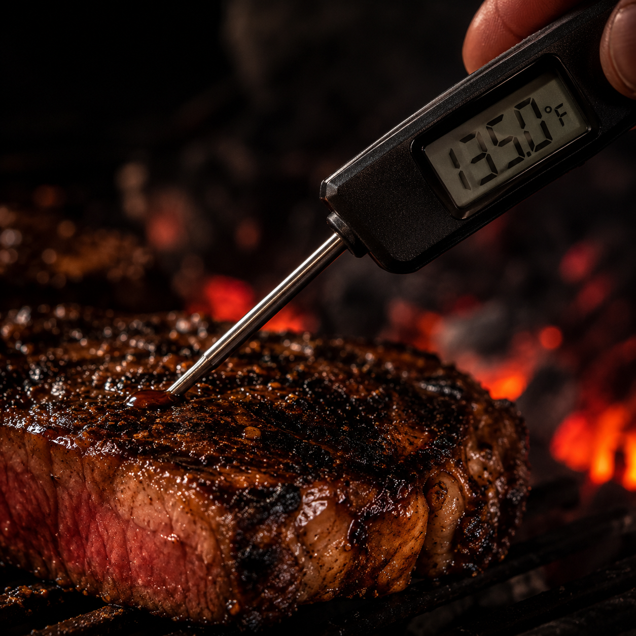 Thermometer in a thick char-crusted steak